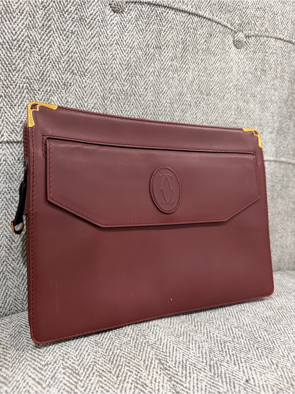 Cartier Maroon Leather Clutch with 24k Gold Corner Trim